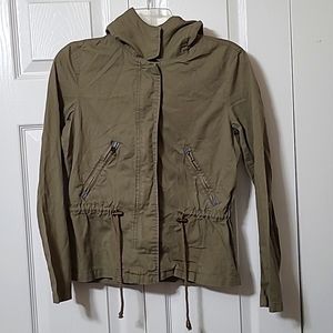 Tan Hooded Jacket, Size Small, Zip Up Closure, Zippered Pockets, Excellent Cond
